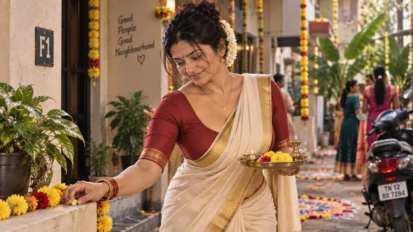 Latha arranging flowers.