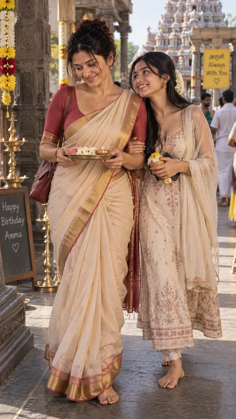 Latha with Meera at a temple.