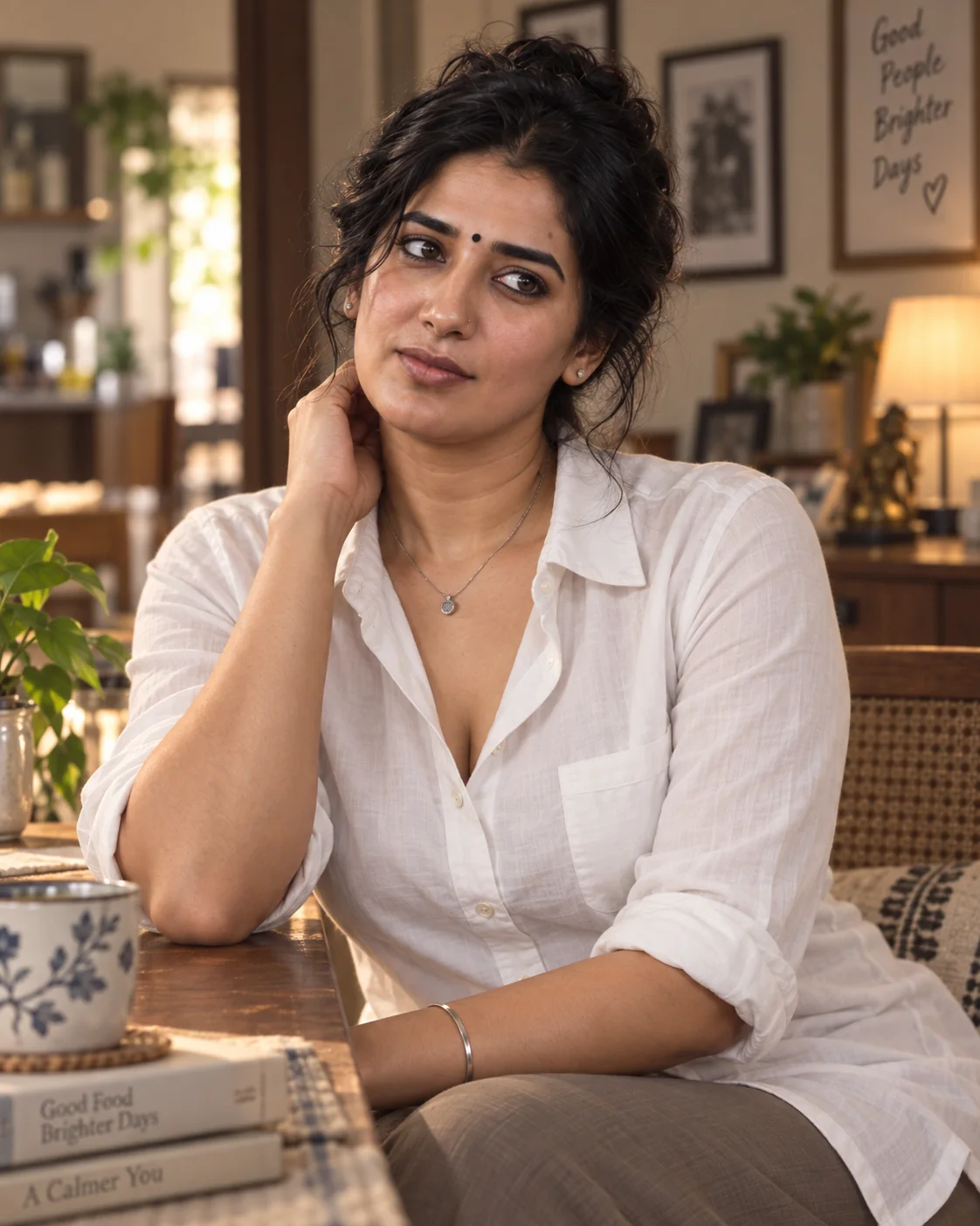 Latha seated at home in a white shirt, looking thoughtful.