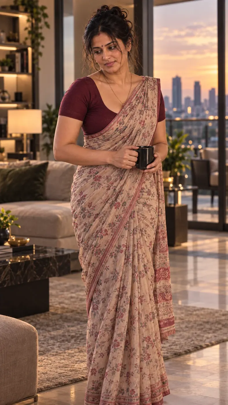 Latha holding a mug.