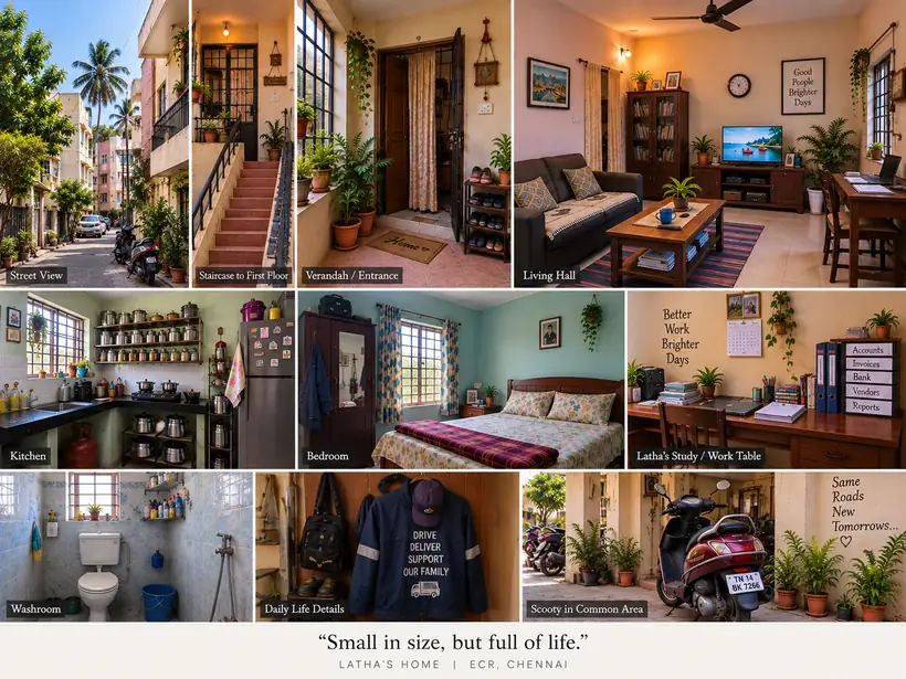 Collage showing Latha's home in ECR, Chennai.