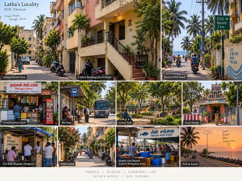 Collage showing Latha's ECR locality.