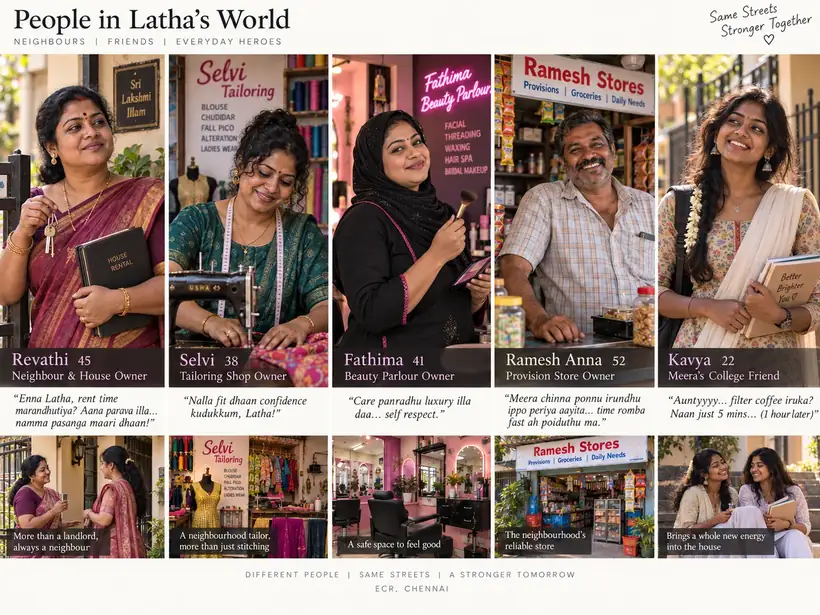 Collage showing people in Latha's neighbourhood.