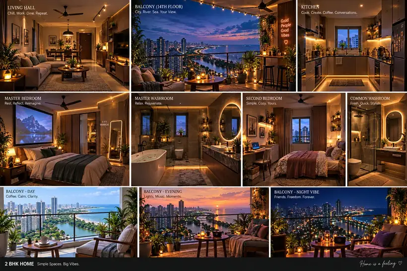 Collage showing Vikram's apartment where Latha works.