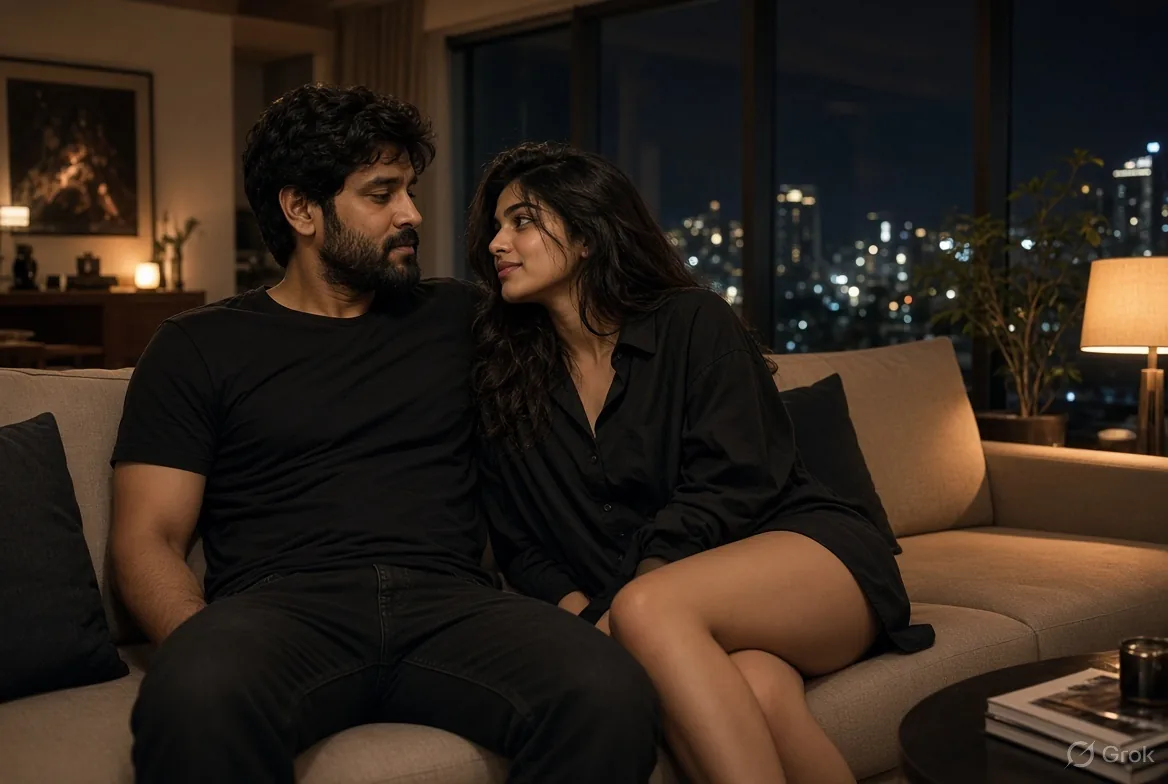 Vikram with a woman in Apartment 1407 at night